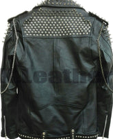 Men Black Full Silver Studded Patches With Chains Cowhide Leather Jacket with patches decorated